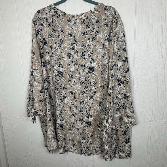 Catherines Button Down Cafe Blouse Women 3/4 Sleeve Size 4X Tan Aqua Floral Top - Picture 4 of 9